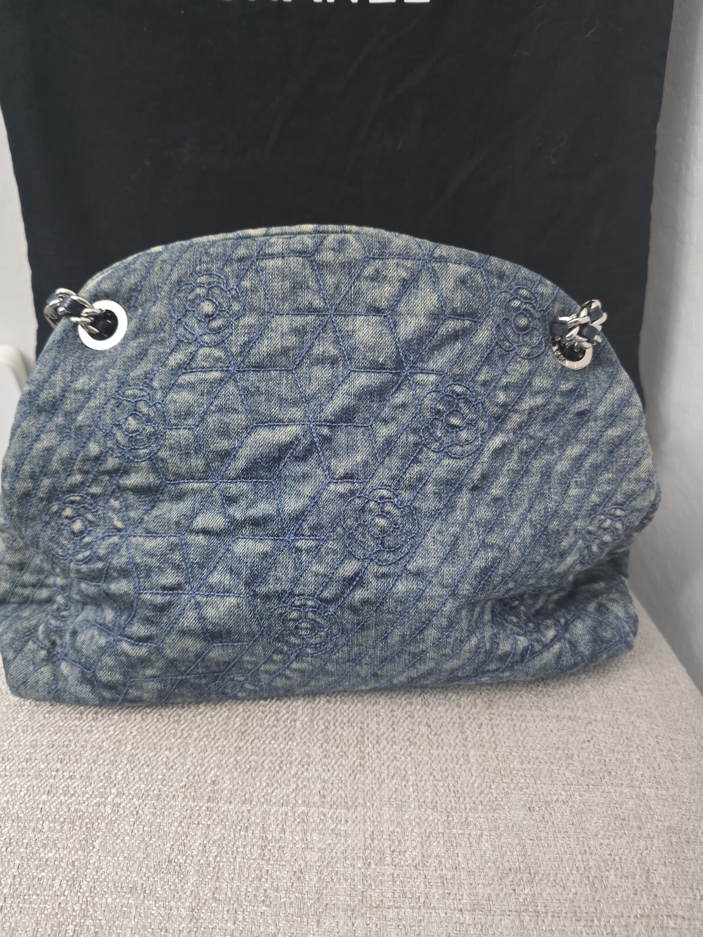 AUTHENTIC Chanel Denim Camellia Just Mademoiselle Bowler Bag - Picture 3 of 16